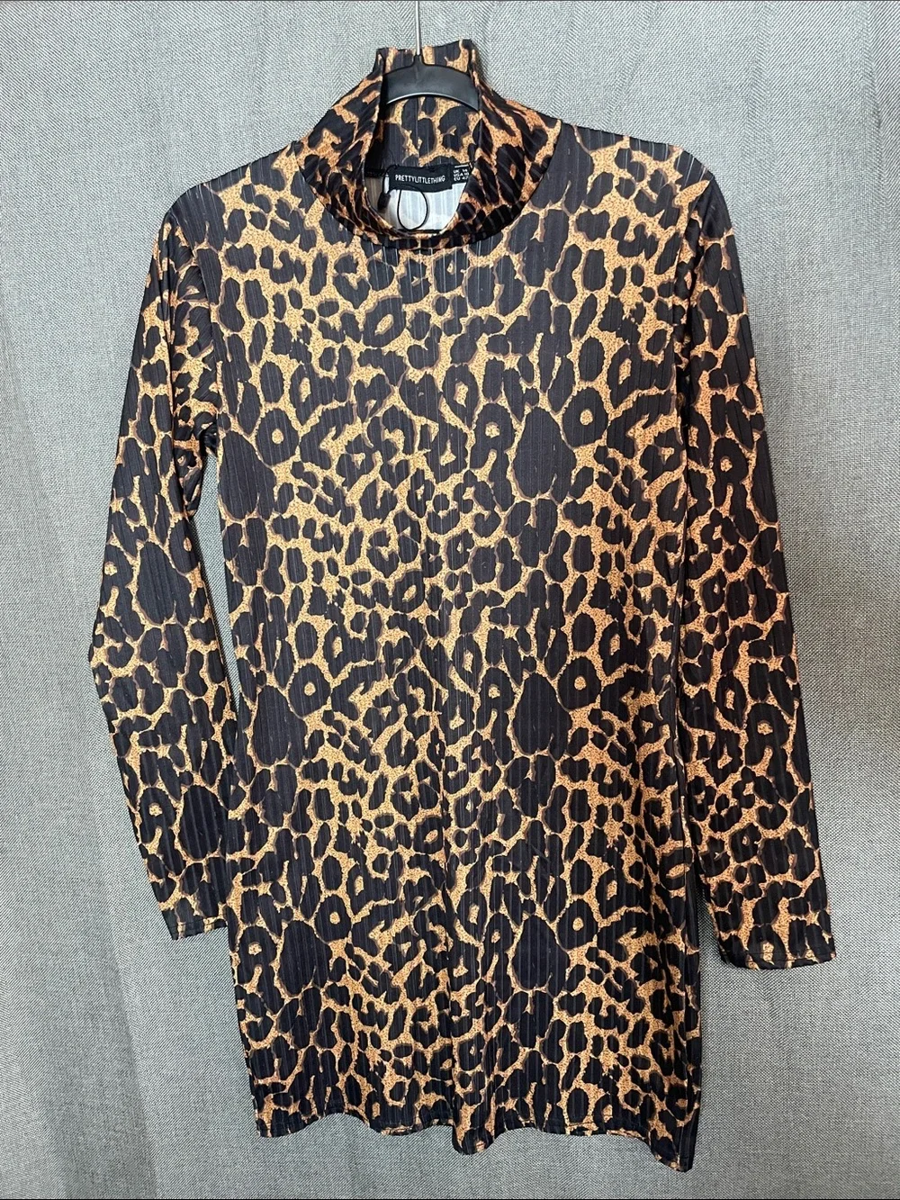 PrettyLittleThing Leopard Print Mini Dress Ribbed Mock Neck Long Sleeve Brown 10